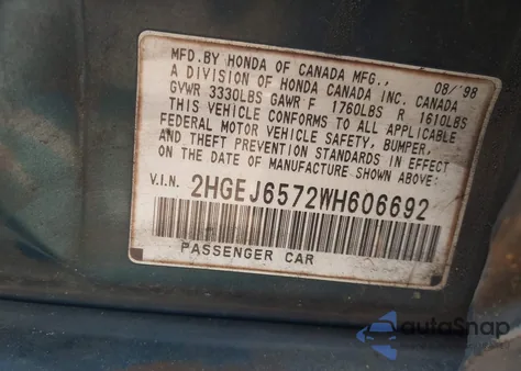 1998 Honda Civic Lx из США, поврежденный, VIN 2HGEJ6572WH606692